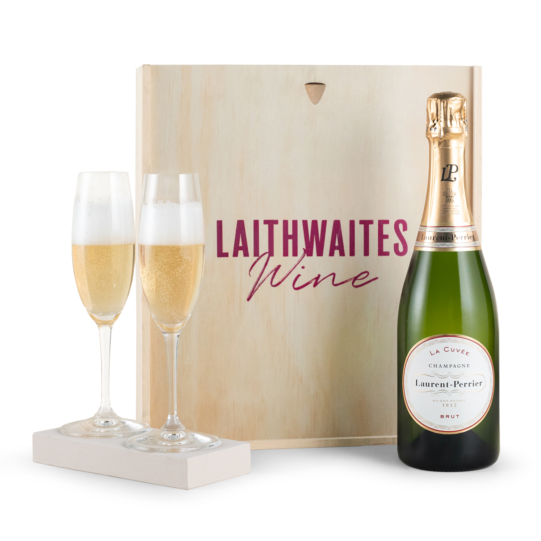 Champagne Laurent-Perrier & Riedel Flutes in Wooden Gift Box Champagne Laurent-Perrier & Riedel Flutes in Wooden Gift Box
