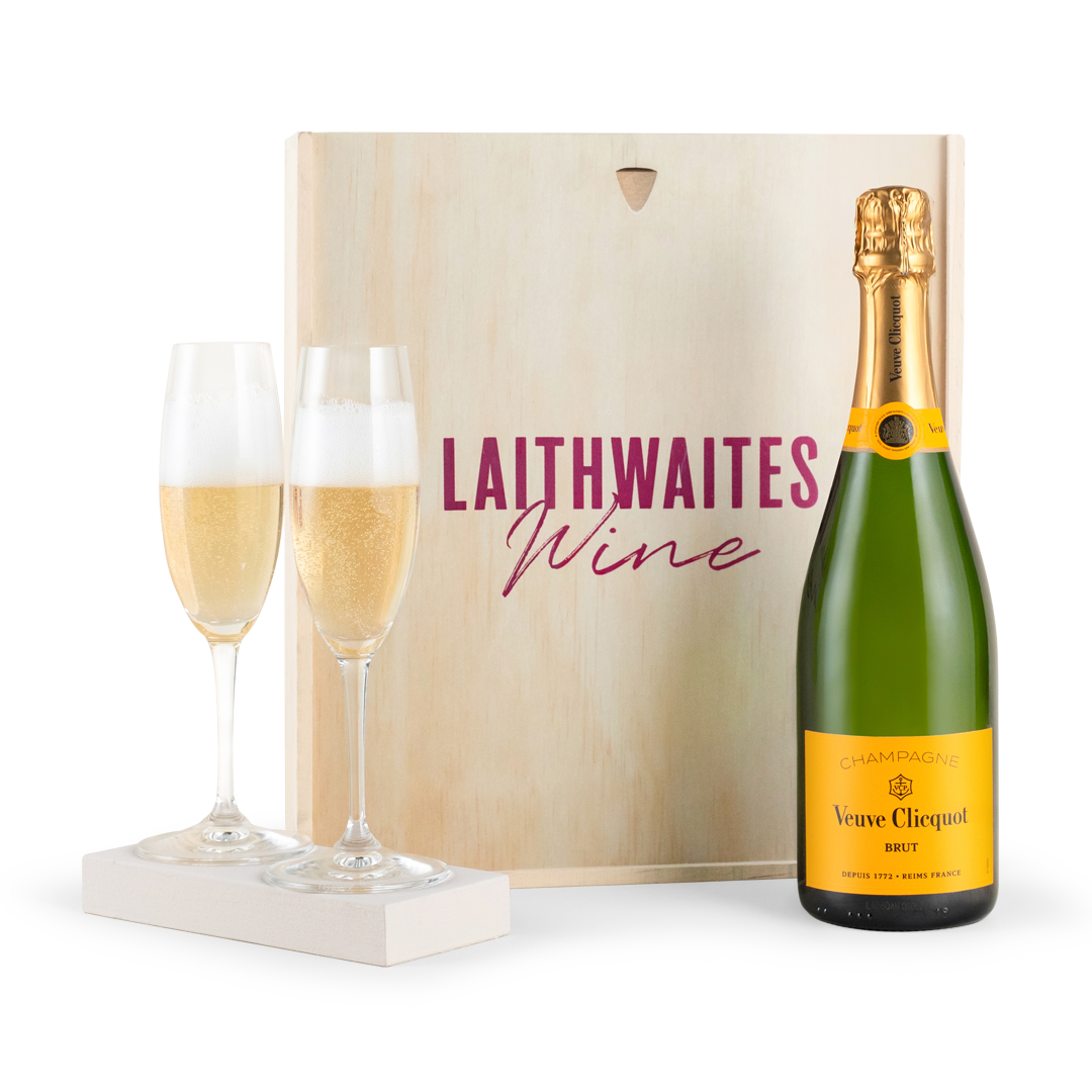 Veuve Clicquot Champagne & Riedel Flutes In Wood Veuve Clicquot Champagne & Riedel Flutes In Wood